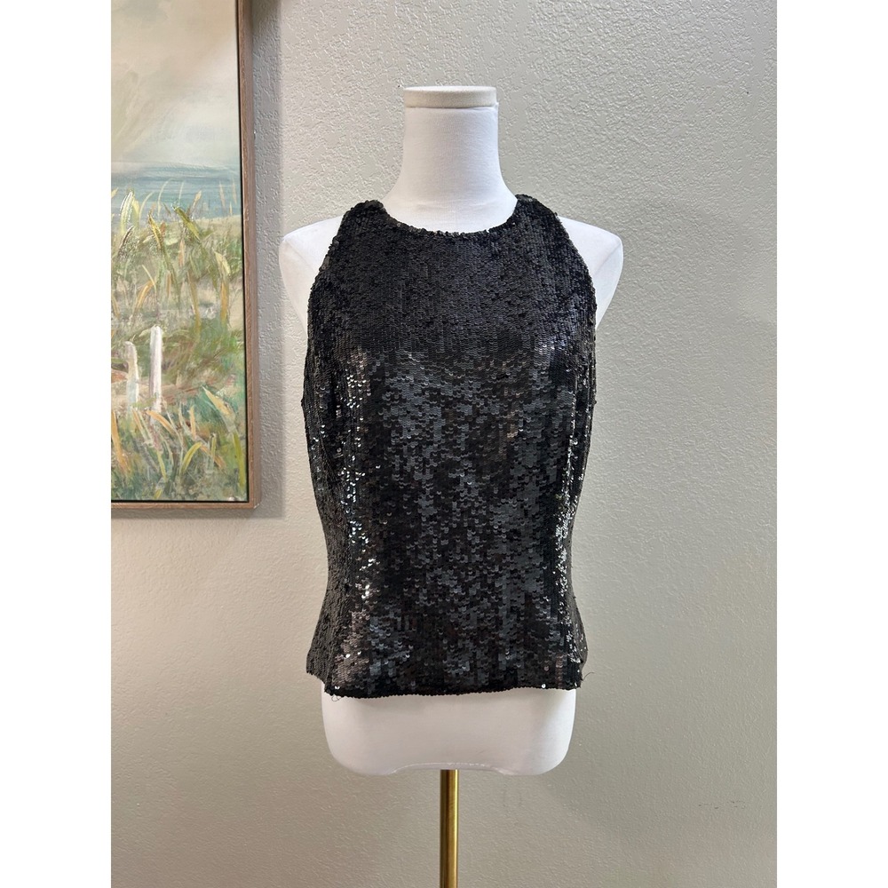 Chetta B Evening Black Sequin Silk Tank Top Sleeveless Shell Blouse Size 12